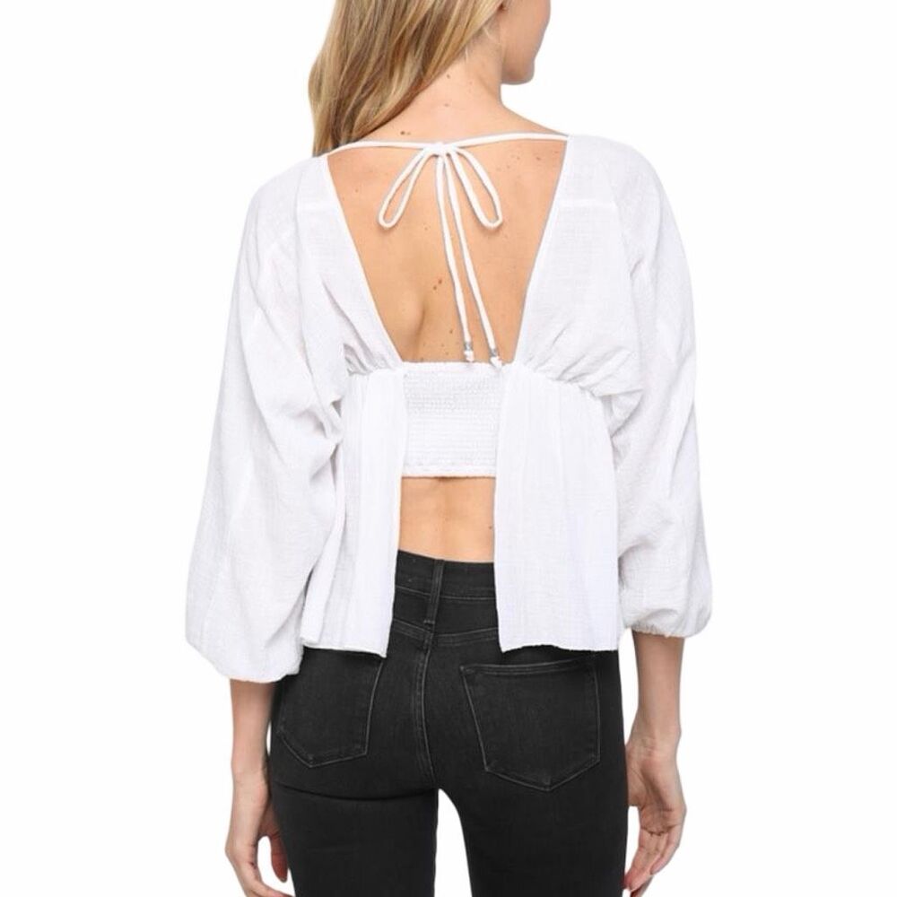 Fate Smocked Open Back Square Neck Top - Size Medium - White